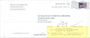 photo of an envelope addressed to Massachusetts Rental Housing Association, Inc., in Waltham, Mass., with return address from MassLandlords, Inc., c/o Doug Quattrochi, Worcester, Mass. The envelope is stamped with a Boston postmark, from August 24, 2022, and a “Return to Sender” sticker.