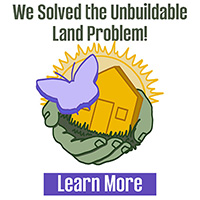 Sidebar image featuring call to action text “We Solved the Unbuildable Land Problem”, MUC logo in yellow, purple and green, and a “learn more” button.