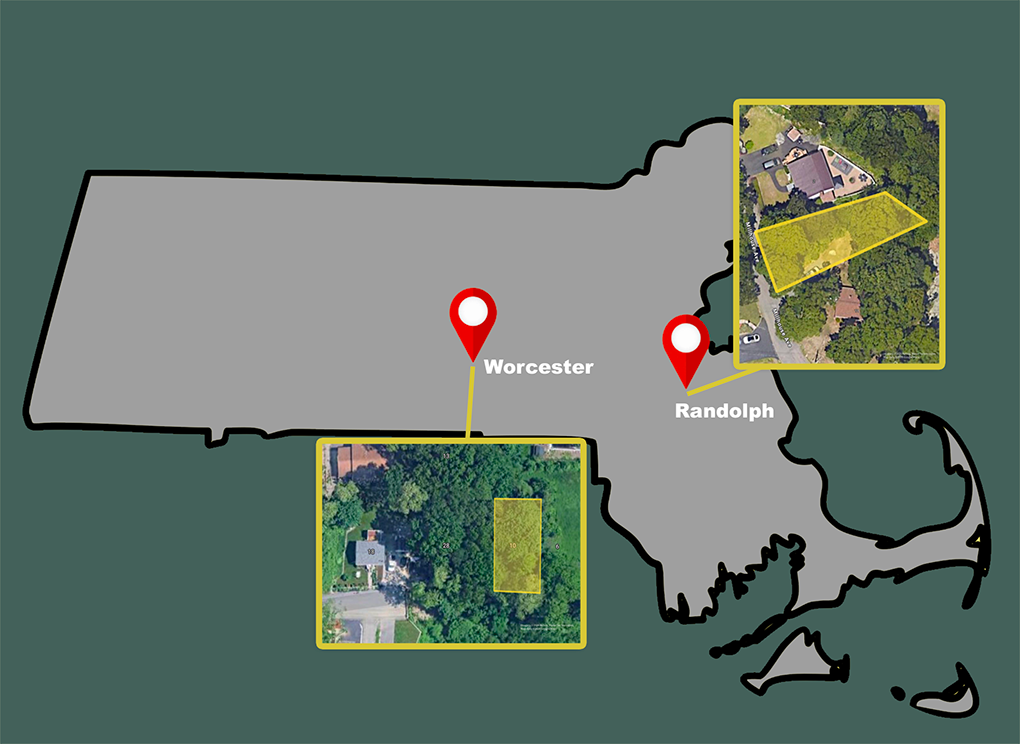 map illustration of Massachusetts state shape pinpointing two locations labeled “Worcester” and “Randolph,” each with a cutout aerial photo of the respective land parcels, outlined in bright green to designate the lands’ property lines. 
