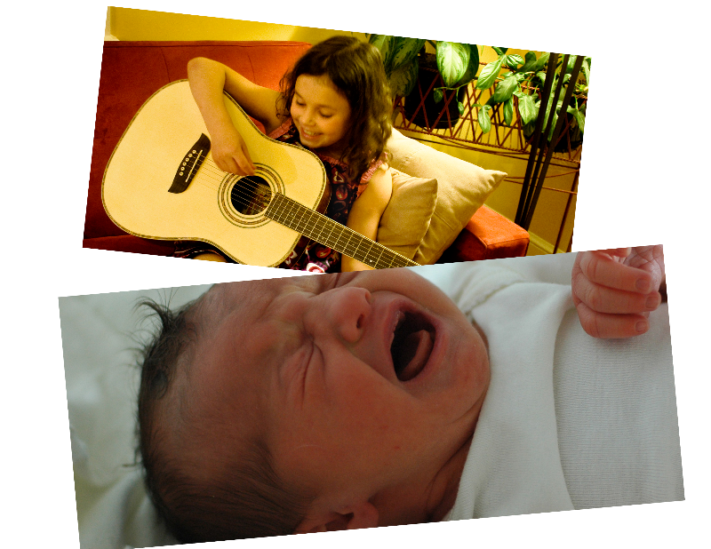 a collage of two photos, the top one of a young girl playing guitar and smiling, the bottom one of a newborn baby crying.