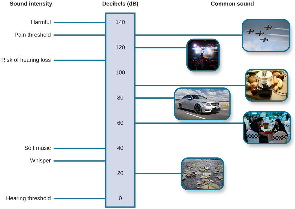 a graph showing noise levels of typical occurrences, with three parts: one listing sound intensities, two a linear decibel chart from 0 to 140, and three showing six pictures of noise-making things, such as jets overhead, a juicer, a car, a party, and two people conversing.