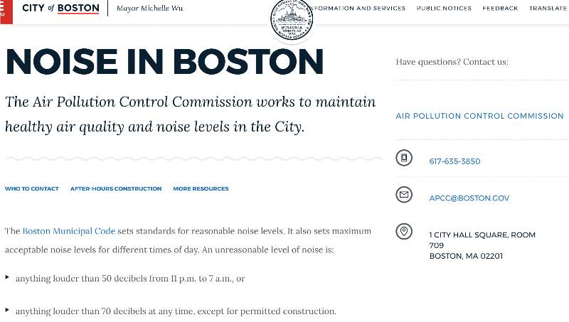 a screen shot of a City of Boston memo headlined “Noise in Boston,” stating that noise levels louder than 50 decibels are prohibited between 11 p.m. and 7 a.m., and above 70 decibels any time.