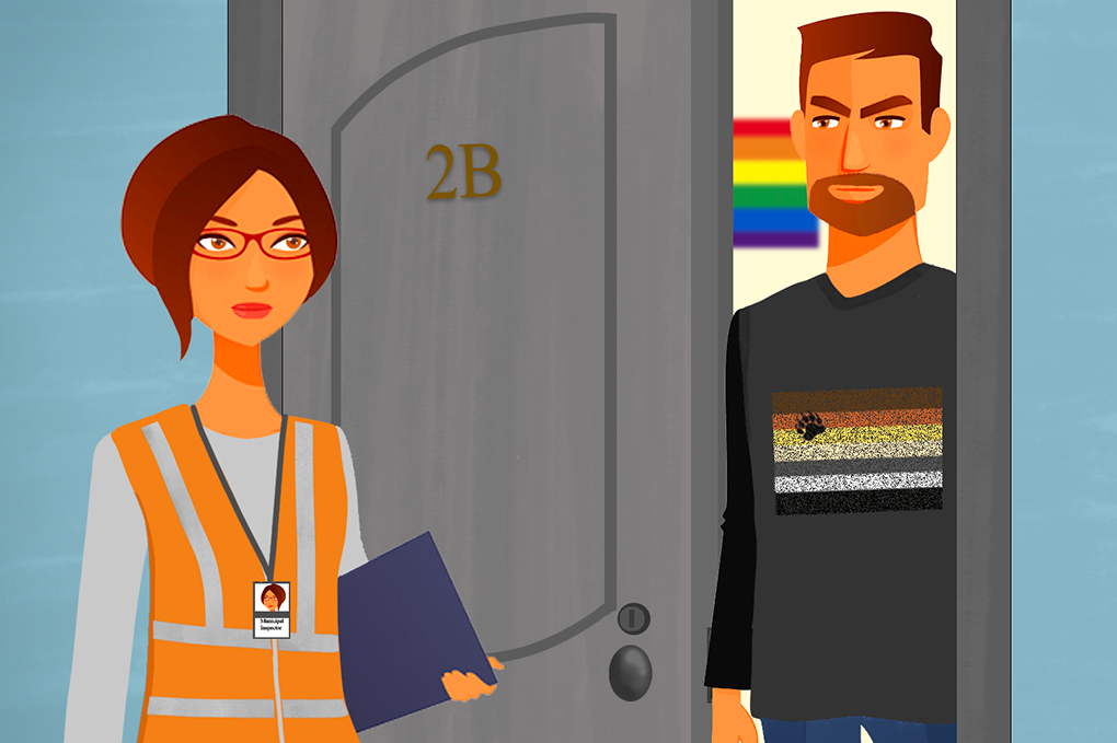 A municipal employee wearing a long-sleeve shirt, reflective vest and glasses holds her inspection paperwork and stands outside the partially opened door of an apartment. Inside the door a man in a sweatshirt looks angrily at the inspector. Past him a pride flag is visible inside. He is going to refuse the inspector permission to come in.