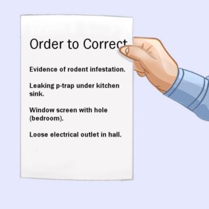 A hand holds up a piece of paper that reads Order to Correct across the top and enumerates evidence of rodent infestation, leaking p-trap under kitchen sink, window screen with hole in bedroom and a loose electrical outlet in the hall.