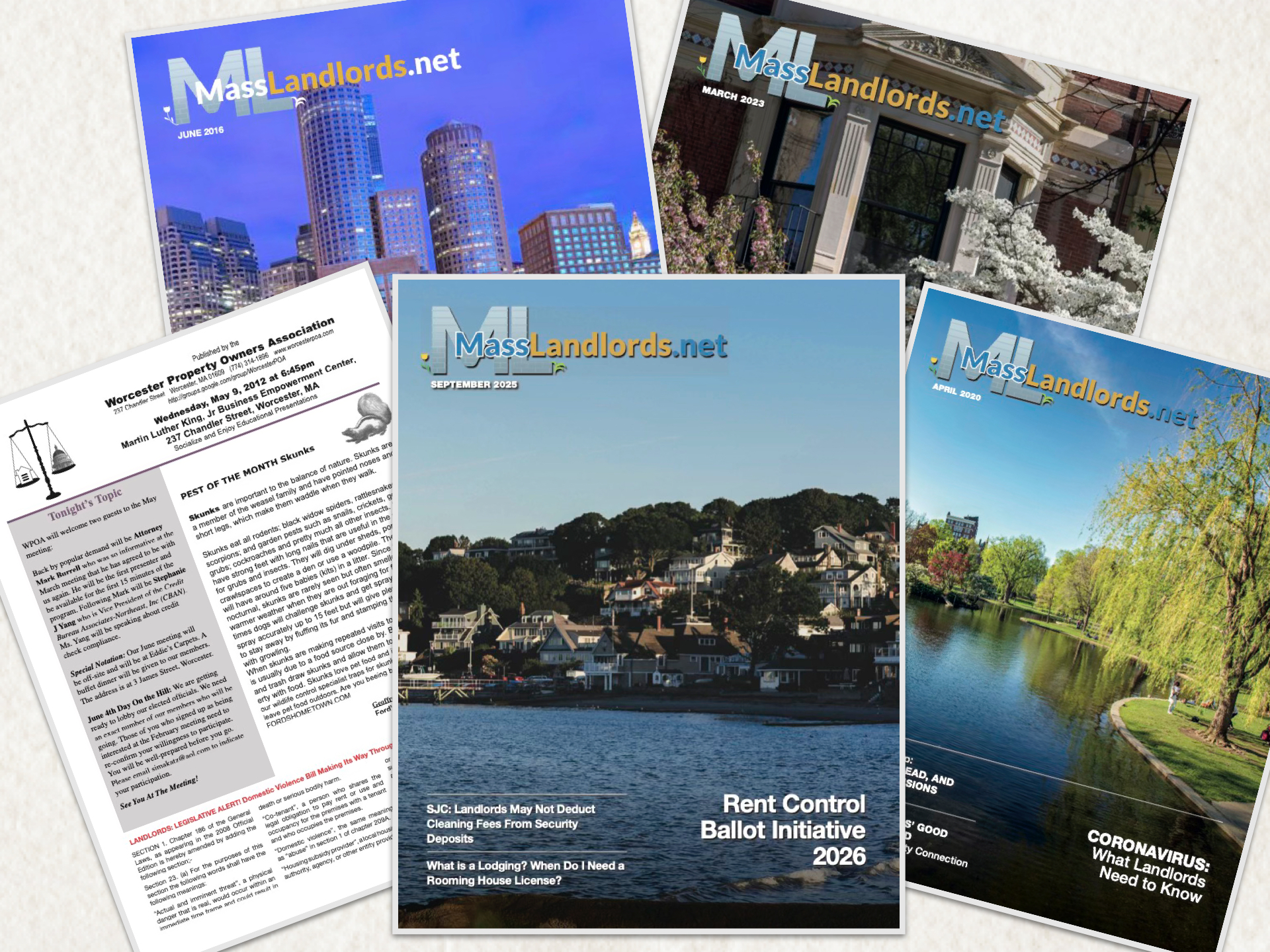 A composite image featuring a collage of five MassLandlords/WPOA newsletter covers arranged in an overlapping fan pattern against a beige background.