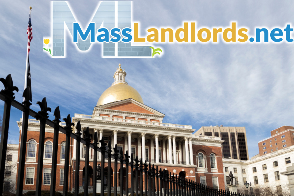 The State House sits behind a cast iron fence. The massLandlords logo flies overhead.