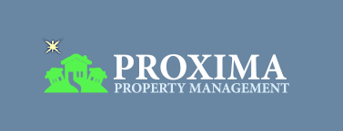 the logo for Proxima property management features three houses on a hill under a sunny sky.
