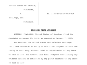 screen shot of the first page of the DOJ settlement document from a U.S. District Court in North Carolina, reading, in part, “United States of America, plaintiff, v. RealPage, Inc., Defendant; Proposed Final Judgment.”