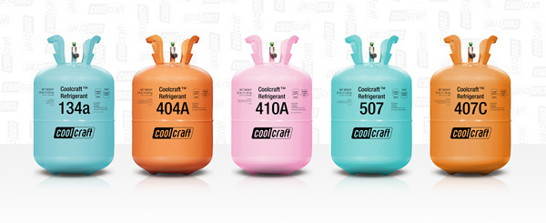 a photo of five different colored chemical tanks labeled with refrigerant names like 404A, 410A, 407C and 134A.