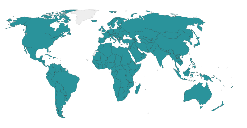 a flat map of the world, showing, in green, countries that signed the Montreal Protocol.