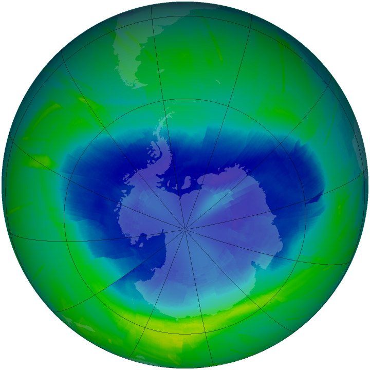 a graphic of the ozone hole over Antarctica measured by NASA observatories in 2010.