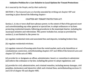 a screen shot of Section 1 of a ballot initiative petition for local rent control, with the title, “Initiative Petition for a Law Relative to Local Options for Tenant Protections.”