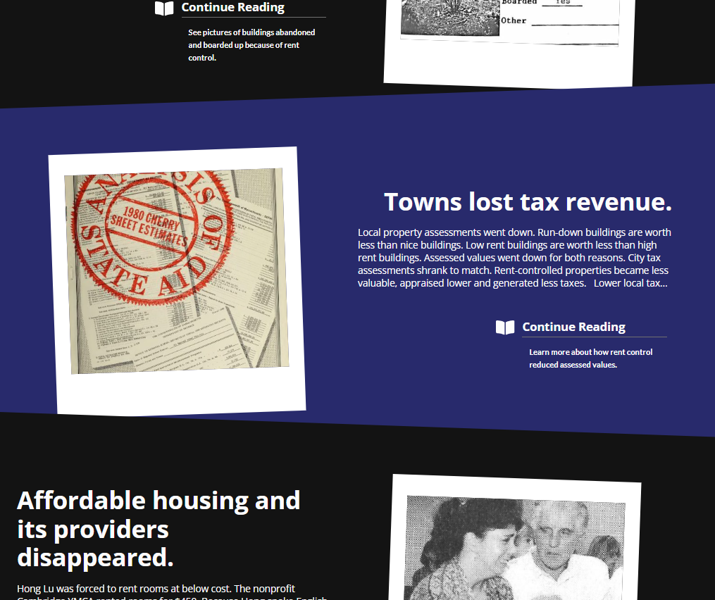 Towns lost tax revenue. Local property assessments went down. Run-down buildings are worth less than nice buildings. Low rent buildings are worth less than high rent buildings. Assessed values went down for both reasons. City tax assessments shrank to match. Rent-controlled properties became less valuable, appraised lower and generated less taxes. A picture of a state aid coversheet from 1980 sits beside the text.