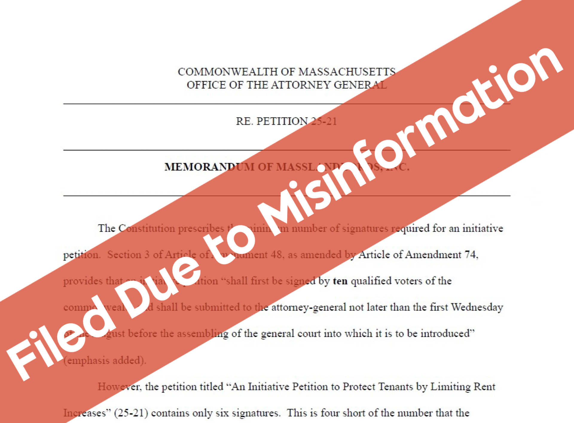 A screen shot of the partial front page of our objection against the ballot initiative petition. The text is obscured by a red banner overlay running corner to corner, which reads “Filed Due to Misinformation.”