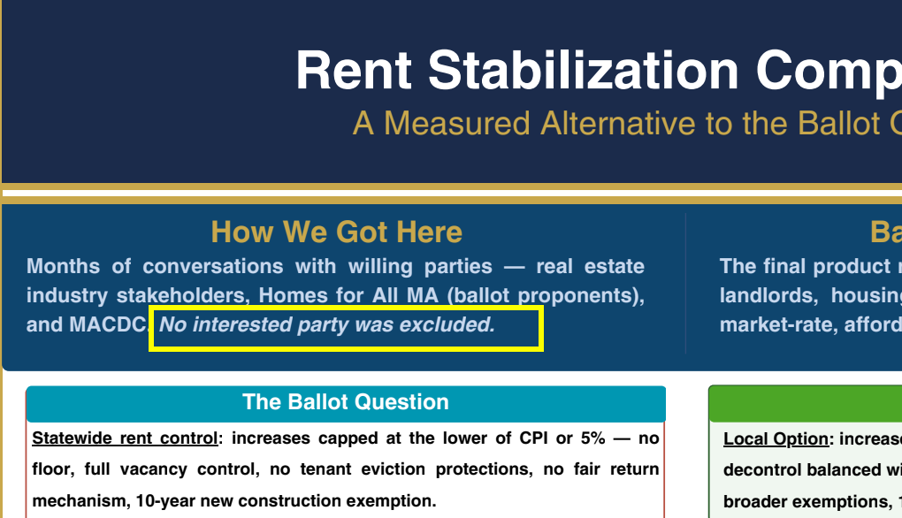 A screen shot of a document shows a partial view of the page. It reads: Rent stabilization comp. A measured alternative to the ballot. How we got here. Months of conversations with willing parties – real estate industry stakeholders, Homes for All MA (ballot proponents) and MACDC. No interested party was excluded.