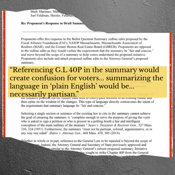 Alt: A highlighted quote appears superimposed above the ballot referendum. It reads: 
“Referencing G.L 40P in the summary would create confusion for voters… summarizing the language in ‘plain English’ would be necessarily partisan.”]
