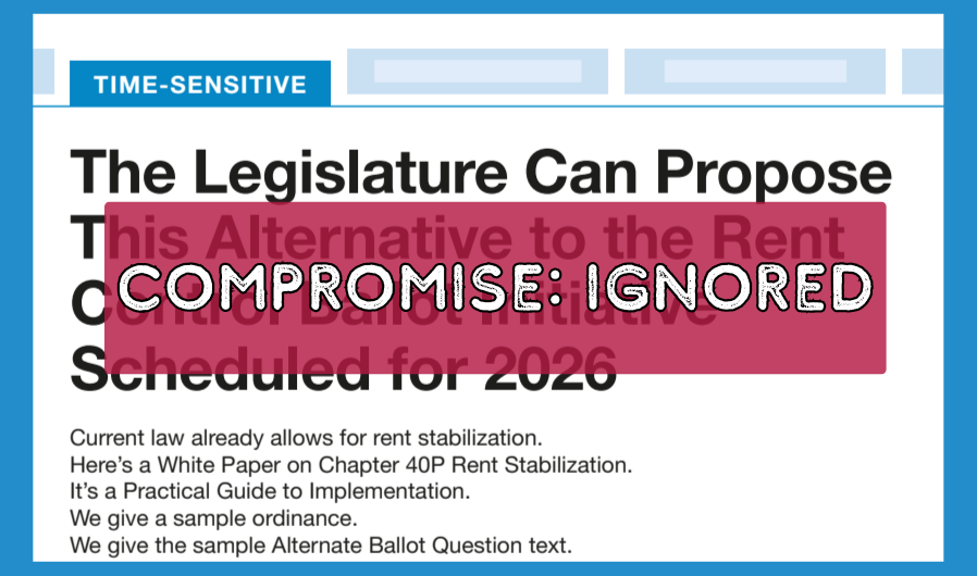 The cover page of the MassLandlords white paper on funded rent control is covered by a dark red banner that reads “Compromise: Ignored.”