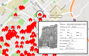 A composite image shows a section of Roxbury in the interactive map, which is covered in red house icons. One house is circled. The inset of the image shows the 1985 survey result: a boarded-up multifamily property owned by the city.