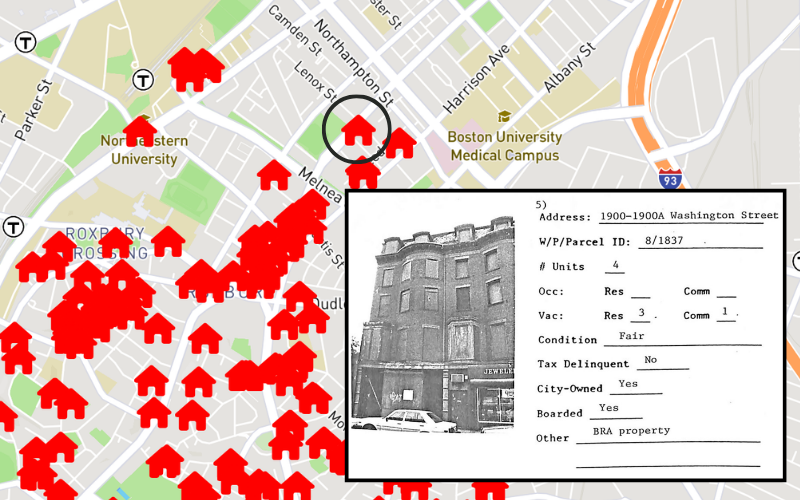 A composite image shows a section of Roxbury in the interactive map, which is covered in red house icons. One house is circled. The inset of the image shows the 1985 survey result: a boarded-up multifamily property owned by the city.