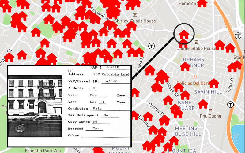 A composite image shows a section of South Dorchester in the interactive map, which is covered in red house icons. One house is circled. The inset of the image shows the 1985 survey result: a boarded-up privately owned multifamily property.