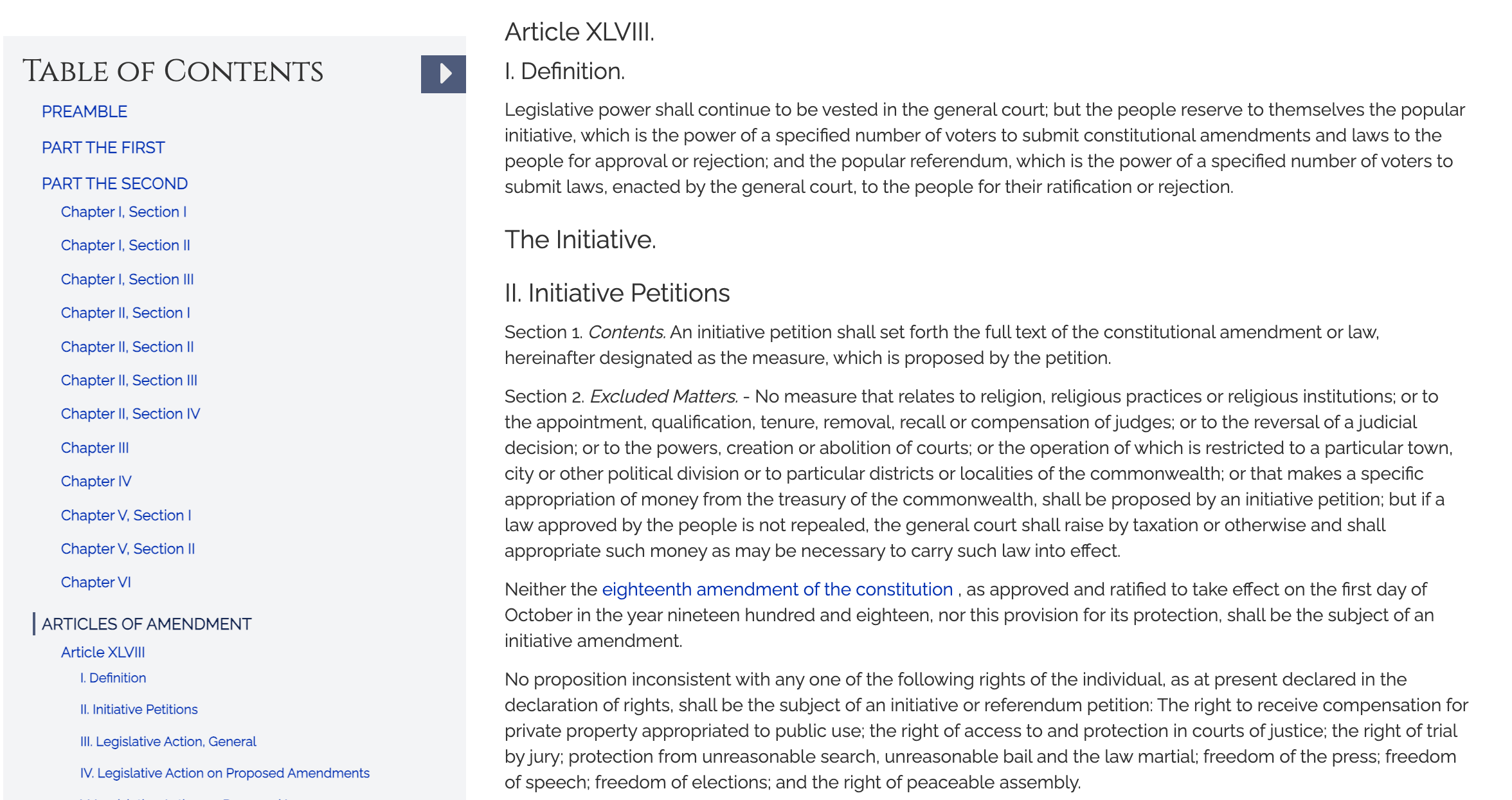 screen capture of Article 48 of the state constitution, which states that “No proposition inconsistent with any one of the following rights of the individual…shall be the subject of an initiative or referendum petition: The right to receive compensation for private property appropriated to public use,” among other rights.