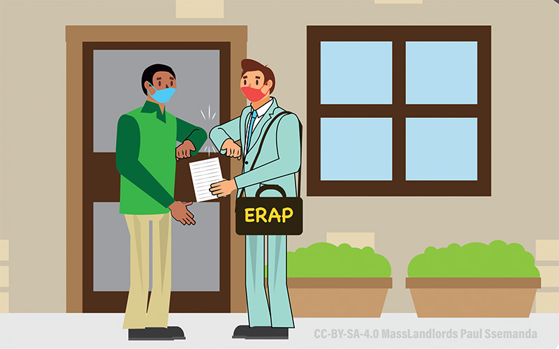 Two men stand in front of the front door of a home. Both men are wearing masks and bumping elbows as a greeting.. The man on the left wears a green shirt and khaki pants. The man on the right wears a blue suit and carries a black briefcase with the letters "ERAP" in yellow on the side. 