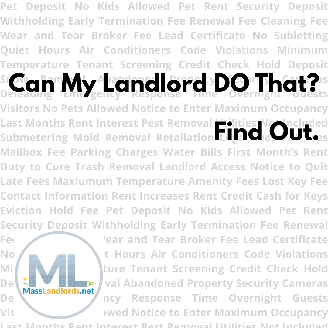 The phrase 'can my landlord DO that? Find out' sits atop a series of greyed-out lease clause terms. The MassLandlords logo appears in the lower lefthand corner.