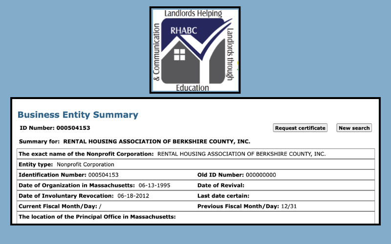 A composite image shows the RHABC logo above a screen shot from the secretary of the Commonwealth’s website that shows the entity was involuntarily dissolved by the state in 2012.