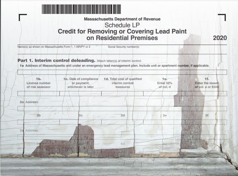 The Massachusetts Department of Revenue Schedule LP Credit for Removing or Covering Lead Paint on Residential Premises is shown printed onto a wall covered in cracking lead paint.