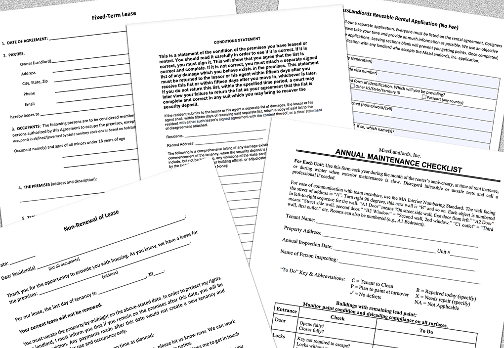 A collage of MassLandlords rental forms including security deposit forms.