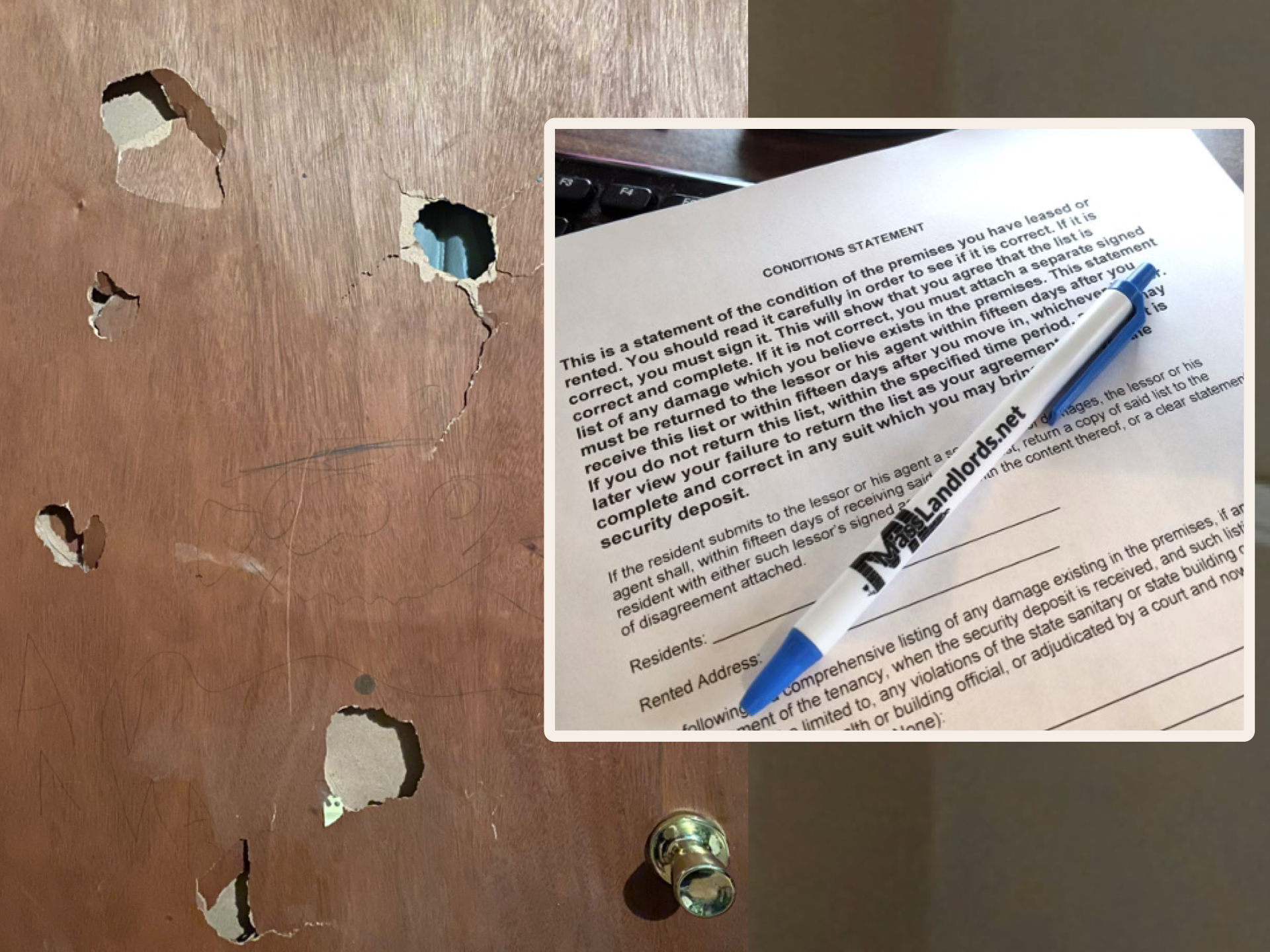 A composite image of an interior door with multiple holes bashed into it and some marker lines. An inset image shows a blank conditions statement form with a ballpoint pen sitting on top.