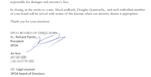 The Small Property Owners Association now attacks everyone, including other landlord groups. Conclusion of letter from Richard Parritz, SPOA President.