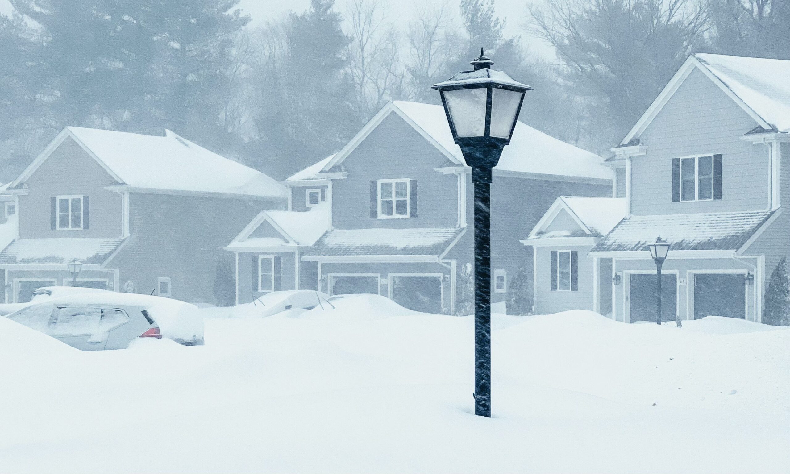 A snowy neighborhood scene, with houses in the background partially obscured by snow drifts and falling snow. A black lamp post is in the foreground.