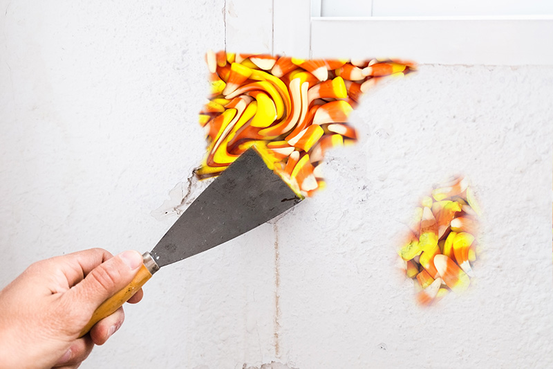 This image shows a white plaster wall with holes in it. A man’s hand, holding a spackle knife, is spreading candy corn in the holes. The candy corn looks blurred or smeared.