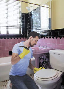 This image shows a young man in a blue short-sleeve polo shirt kneeling beside a closed toilet in a bathroom with pink and black tiles. He stares down at the toilet, casting a spell. He wears gloves on his hands. In his left hand, which rests next to the toilet lid, he holds a magic wand. Perched on his right hand, which is raised to shoulder height, there is a newt, also looking down at the toilet.