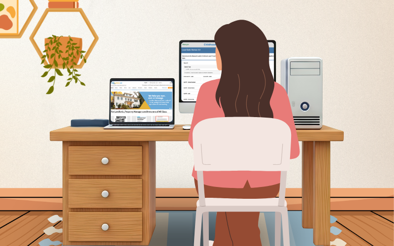 A cartoon image shows a woman with long brown hair sitting at a desk with a computer and laptop, her back to the viewer. The computer screen has an image of the Lead Safe Homes search page. The laptop screen shows the MassLandlords home page.
