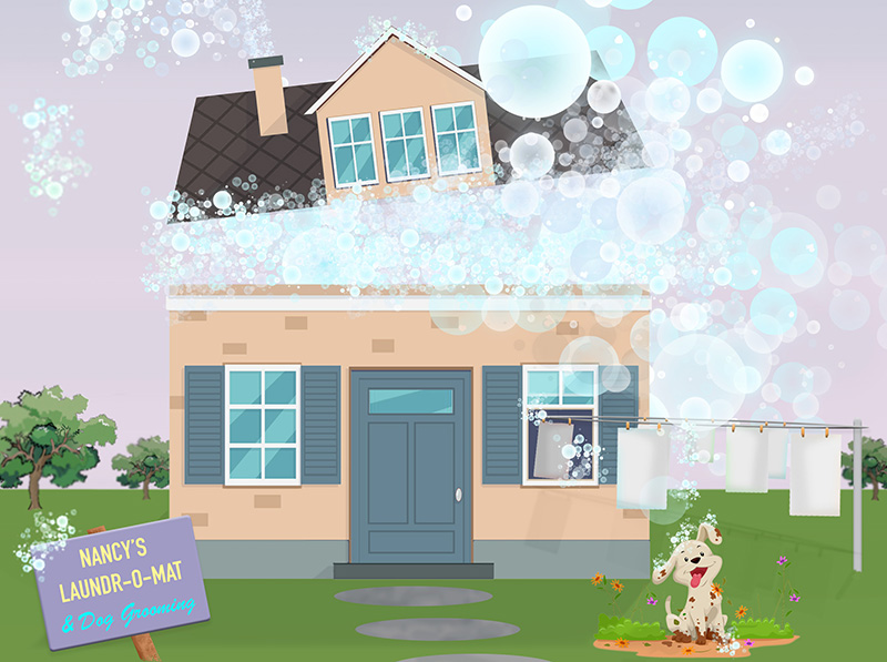 This is a cartoon image of a tan house with gray shutters sitting on a lawn. The roof of the house is coming off, and bubbles can be seen pouring out, down the side of the house, and onto the lawn, where a very dirty puppy sits happily, also covered in bubbles. A sign out front reads “Nancy’s Laundromat and Dog Grooming.”