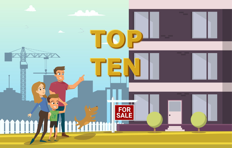 cartoon of family looking at a condo for sale with the words 'top ten' floating in front of the building