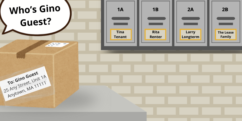 A cartoon image of a mailroom shows four wall-mounted mailboxes labeled: 1A, Tina Tenant; 1B, Rita Renter; 2A, Larry Longterm; and 2B, The Lease Family. A package sits on a table near the mailboxes. The package is addressed to Gino Guest, 25 Any Street, Unit 1A, Anytown, MA, 11111. A speech bubble reads “Who’s Gino Guest?”