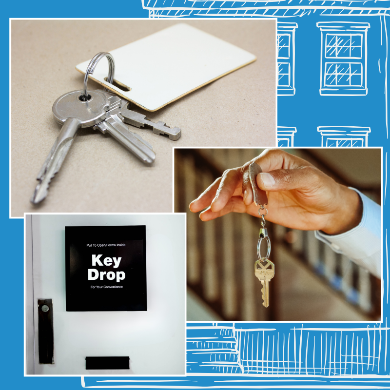 Three photos are arranged over a blue background with a white sketch of an apartment building. Clockwise from top: A set of keys on a beige countertop, a man’s hand holding out a set of keys, and a black Key Drop box on a white door.