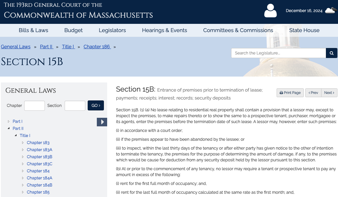 Screen shot of the Massachusetts security deposit law, M.G.L. Ch. 186 S. 15B, as posted at malegilsature.gov.