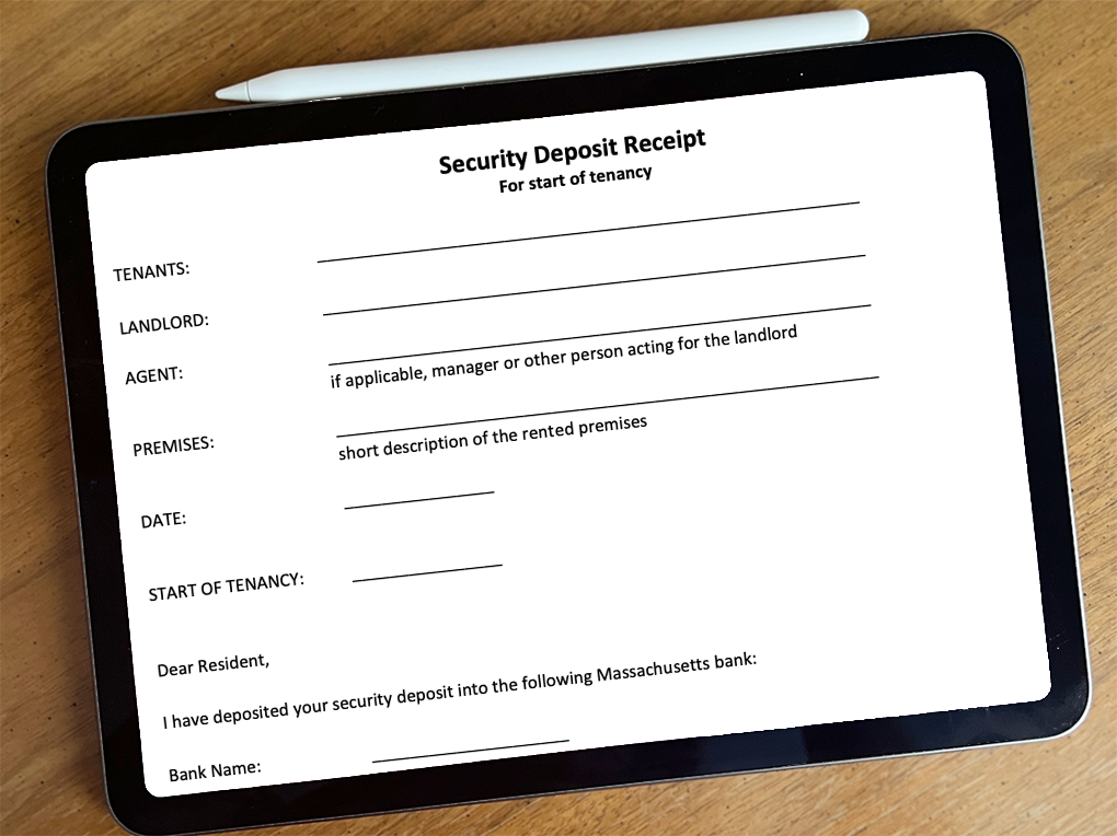 Picture of an e-tablet with the MassLandlords “security deposit receipt” shown, in part, on the screen.