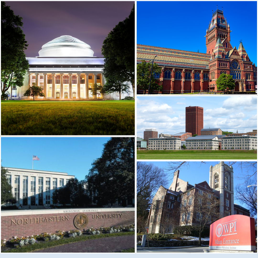 A collage of higher learning institutes in Massachusetts. Clockwise from top left: MIT, Harvard, U-Mass Amherst, Worcester Polytechnic Institute, Northeastern University