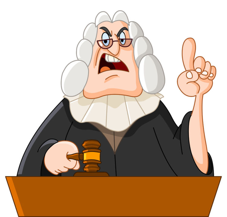 a cartoon of a male judge in his robes sitting at a desk. He holds a gavel in one hand. The other hand is raised, with his index finger pointing up.
