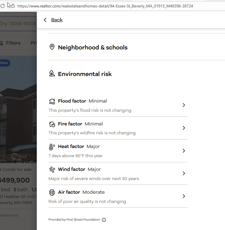A screenshot showing that 94 Essex St, Beverly, Massachusetts, has a minimal flood factor, a minimal fire factor, a major heat factor, a major wind factor, and a moderate air factor.