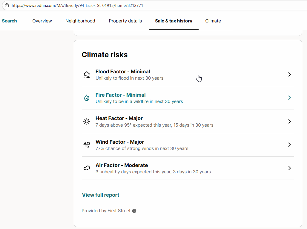 : A screenshot showing that 94 Essex St, Beverly, Massachusetts, has a minimal flood factor, a minimal fire factor, a major heat factor, a major wind factor, and a moderate air factor.