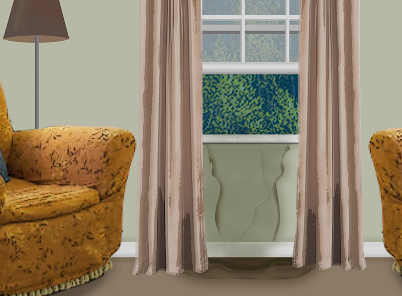 This is a cartoon image of a section of a living room, with beige walls, a floor lamp and two tan floral print armchairs partially visible on either side of a window that has brown curtains. It is raining outside, and there is a dark water mark underneath the window sill on the inside of the room.