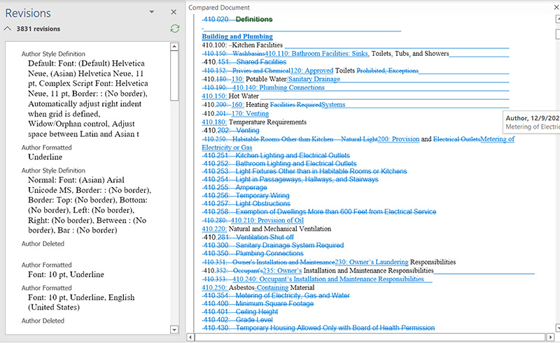 This is a screenshot of a portion of the new State Sanitary Code with changes highlighted and tracked. The revisions tab to the left of the document shows 3,831 revisions.
