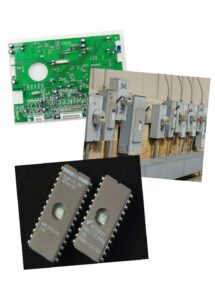 collage with three pictures: 1) a closeup of a green circuit board; 2) an outdoor bank of electric meters; and 3) a closeup of two semiconductors.