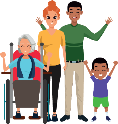 A diverse group of happy people are smiling with their arms raised so as to look cheery. An old woman in a wheelchair is wearing a dress. A white woman is standing next to a black man. A young boy is next to the man, perhaps the child of the standing woman and the man. All are very happy.